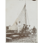 5021B/1/23: Group of men on a sail trolley or bogey (rail truck fitted with sails), Carnarvon, ca. 1906.