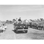 011062D: Waving to children, Royal visit, 1954