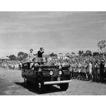 011641D: Waving to children, Royal visit, 1954