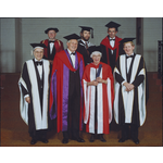 303044PD: Margaret A Feilman is awarded an honorary Doctor of Architecture 1989 Front row (left to right): Roy Lourens (Acting Vice-Chancellor at UWA) Gordon Reid Margaret A Feilman Geoffrey Kennedy Back row: Alan Billings Geoffrey London Michael Partis