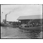 230720PD: Sailors aboard two launches at Albany Jetty, with civilian onlookers, possibly part of the Great White Fleet visit to Albany, 1908.