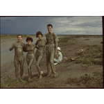 146121PD: The mudlarks. L-R: Unidentified, Betty Foster, Beth Horsley, Unidentified, on the tidal flat at Derby, February 1962