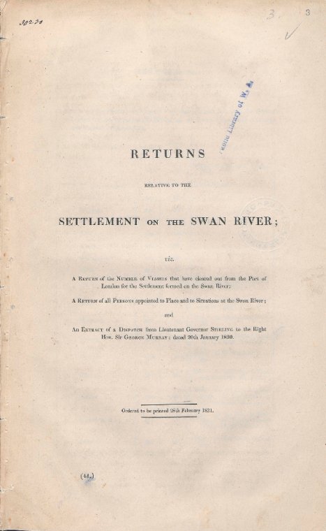 Returns relative to the Settlement on the Swan River