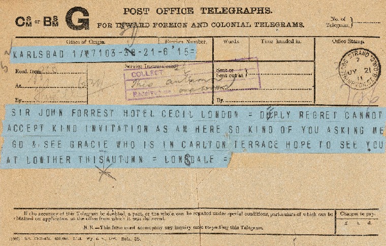 ACC 532AD/70: Telegram from Lord Lonsdale to John Forrest, 21 July 1911