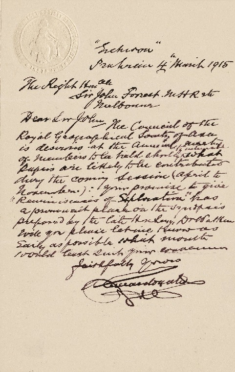 ACC 532AD/100: Letter to John Forrest from the Royal Geographical Society, 4 March 1915