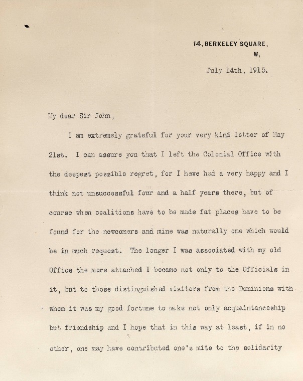 ACC 532A/103: Letter to John Forrest from Lewis Harcourt, 14 July 1915