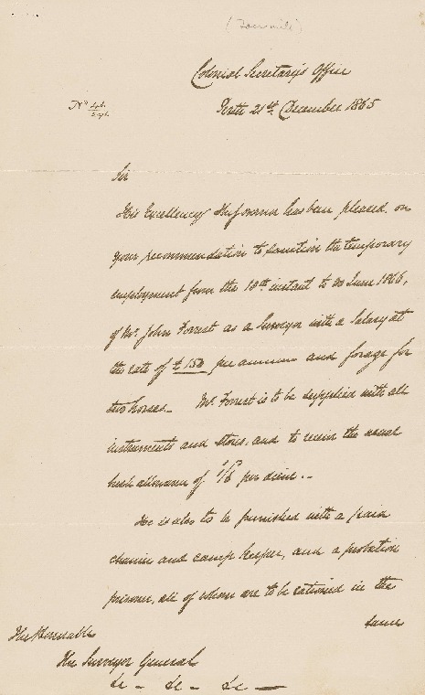 ACC 104AD/1: Copy of letter from Colonial Secretary to Surveyor General, 21 Dec. 1865, re John Forrest's appointment as temporary surveyor