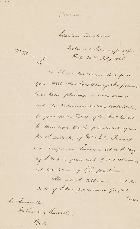 ACC 104AD/2: Copy of letter from Colonial Secretary to Surveyor General, 25 July 1866, re John Forrest's appointment as temporary surveyor