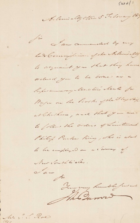 ACC 563AD/1.3: 5 February 1817, Admiralty Office to J.S. Roe - appointment to Captain Phillip King, NSW