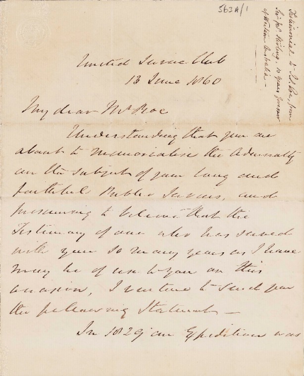 ACC 563AD/1: 13 June 1860 United Service Club - Sir James Stirling to Mr. J. S. Roe - Testimonial.