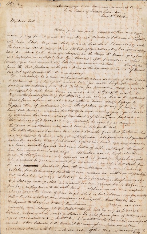 ACC 563AD/2B: 8 June 1818. To My dear Father. His Majesty's Cutter Mermaid - moored off Coepang. In the Island of Timor, Indian Ocean. Letter No. 4.