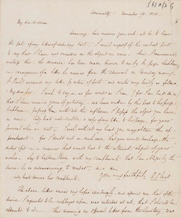 ACC 563AD/2G: 19 November 1828, Admiralty. To My dear William. Offer of naval position made but application for position as Surveyor refused.