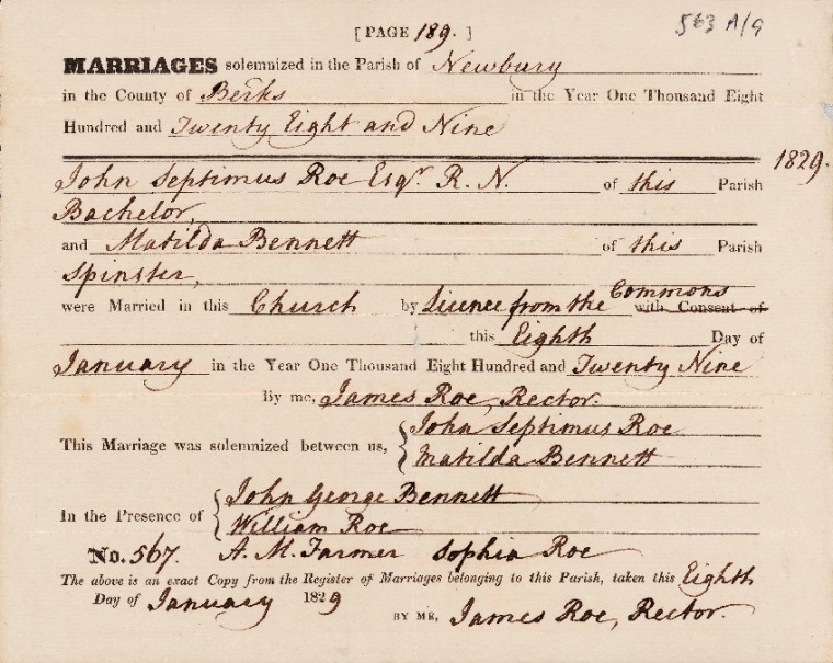 ACC 563AD/9.2: 8 January 1829. Marriage of John Septimus Roe to Matilda Bennett.