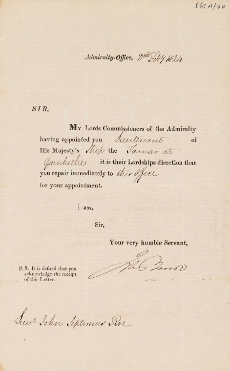 563A/9A 2 February 1824. Appointment to HM Ship 'Tamar'