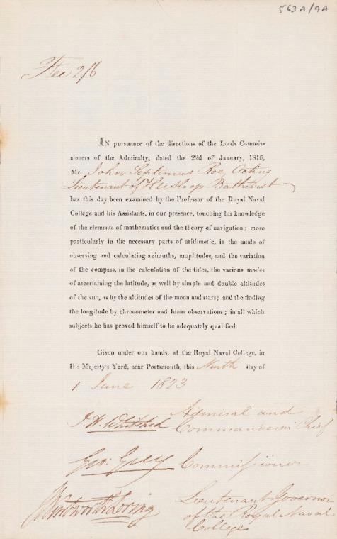 ACC 563AD/9A.7:  9 June 1823. Passing Certificate at R.N. College, Portsmouth.