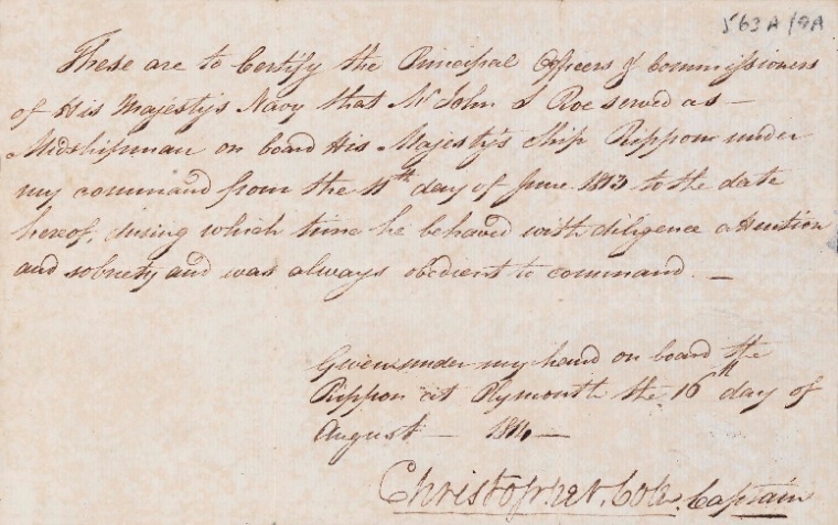 ACC 563AD/9A.1:  16 August 1814. Midshipman Certificate for 'Rippon'.