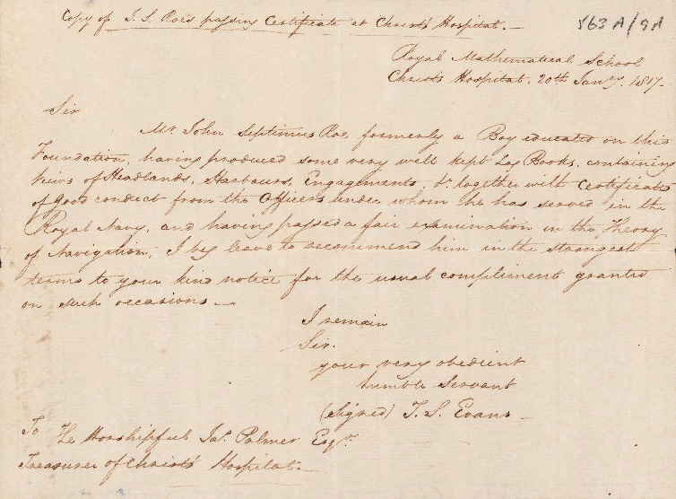 ACC 563AD/9A.3:  20 January 1817. Copy of Passing Certificate at Christ's Hospital.