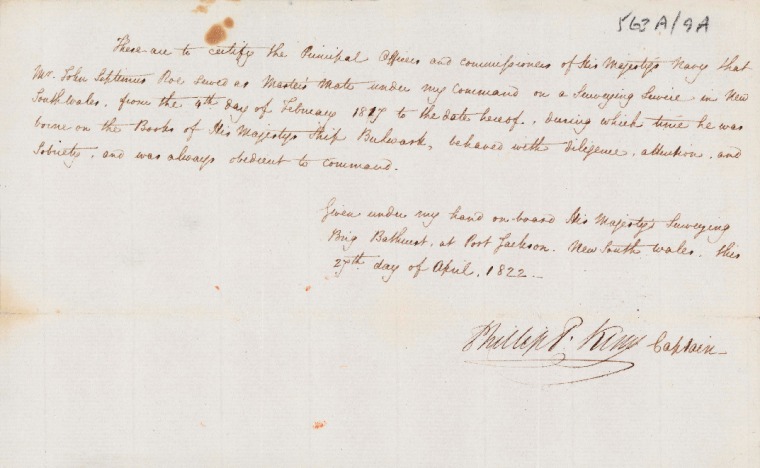 ACC 563AD/9A.5:  27 April 1822. Certificate from Capt. King as Ass't Surveyor in New South Wales.