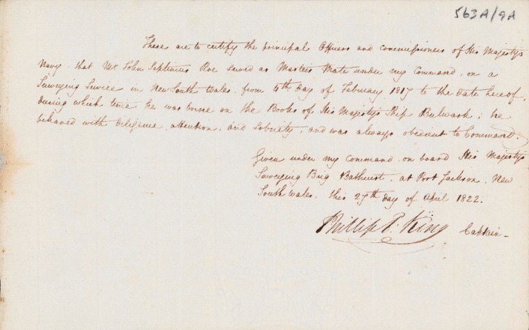 ACC 563AD/9A.6:  27 April 1822. Master's Mate Certificate for Mermaid & Bathurst.