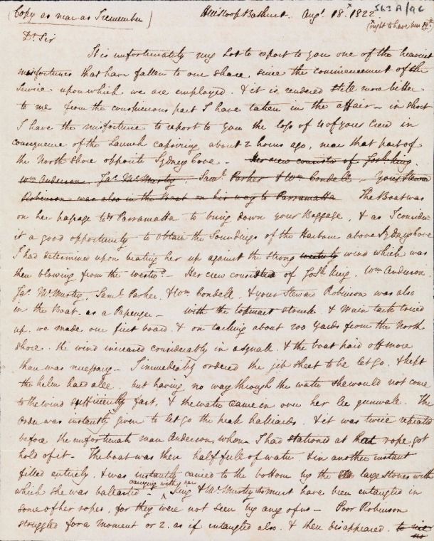 ACC 563AD/9C: 18 August 1822. Report to Capt. King on the loss of four of his crew