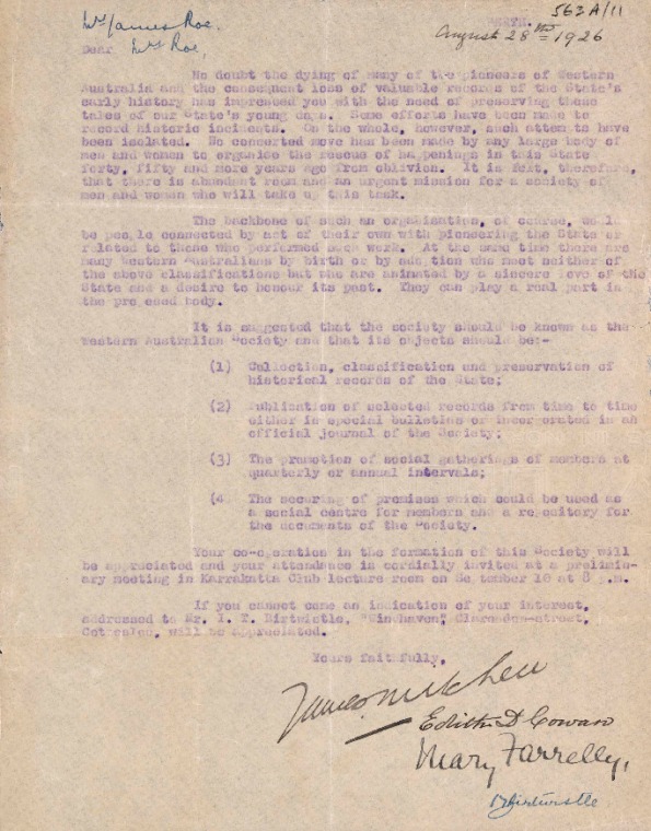 ACC 563AD/11: August/September 1926, Perth. Letters - Formation of Western Australian (Historical) Society. Signed by James Mitchell, Edith Cowan, Mary Farrelly and Ivor Birtwhistle. (2 letters)