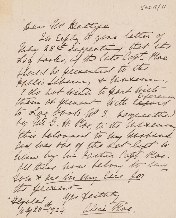 ACC563AD/11 28 July 1924, Glynlee, Perth. Letter - Alice Roe, nee Stone to Mr. Battye. Donation of J. S. Roe Log Books.