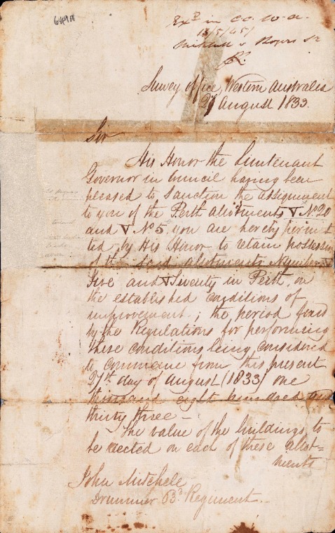 ACC 649AD: Letter from J S Roe 27 August 1833 to John Mitchell regarding assignment of land