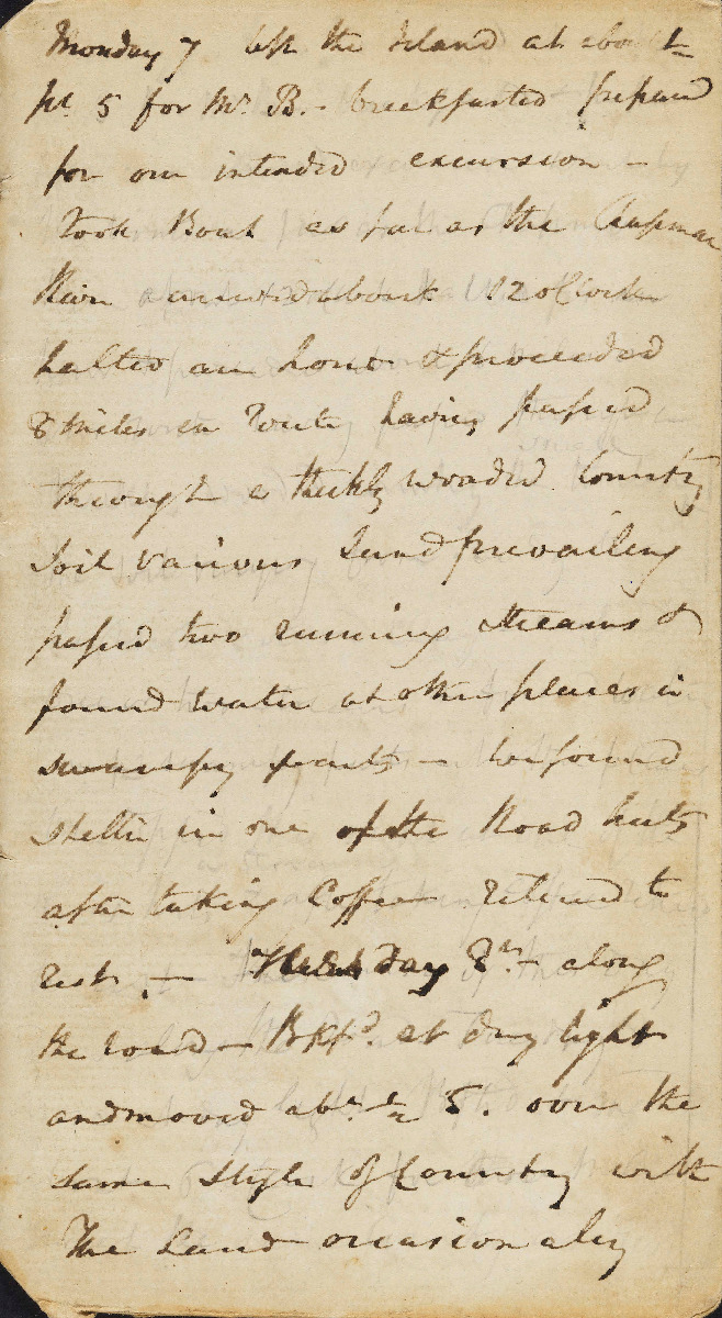 ACC 3278A/1: Monday 7 - Friday 18, 1833, part of a diary. Contains seven pages of Aboriginal words, both South West and King George's Sound
