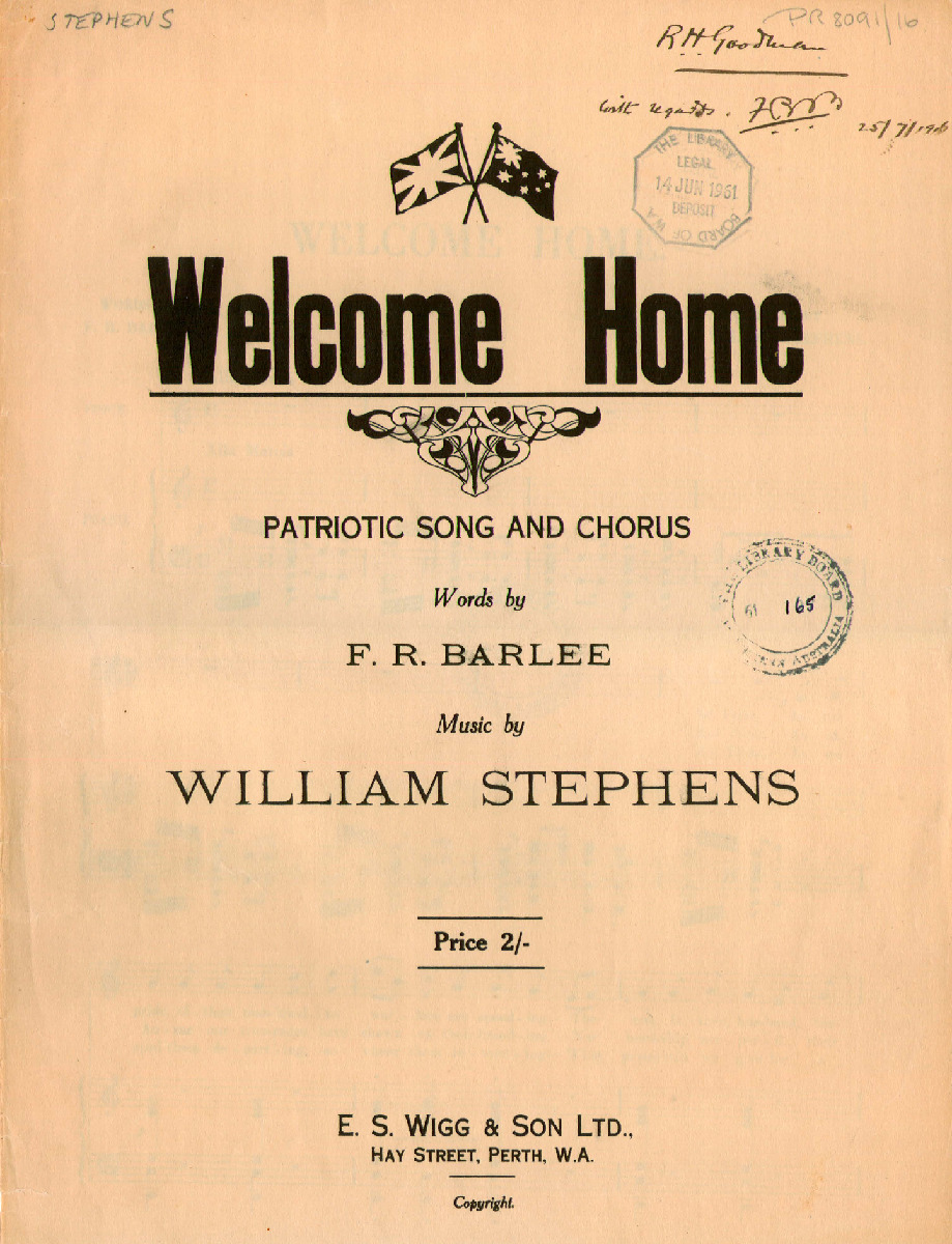Welcome home: patriotic song and chorus. Words by F.R. Barlee ; music by William Stephens.