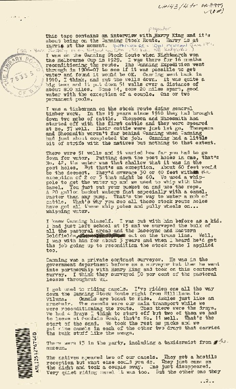 OH143/4: Transcript. Interview with Harry King by Ian Morgan.