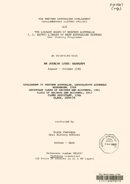 OH1647: Verbatim transcript. Interview with Jocelyn Bartlett interviewed by R. Jamieson.