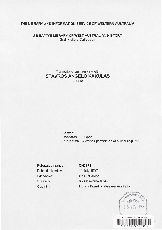 Transcript.  Interview with Stavros Angelo Kakulas / by Gail O'Hanlon