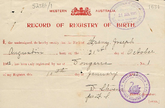 5258AD/1 Birth certificate for Franz Joseph Augustin 21 October 1912