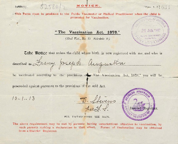 5258AD/2 Vaccination notice for Franz Joseph Augustin 10 January 1913