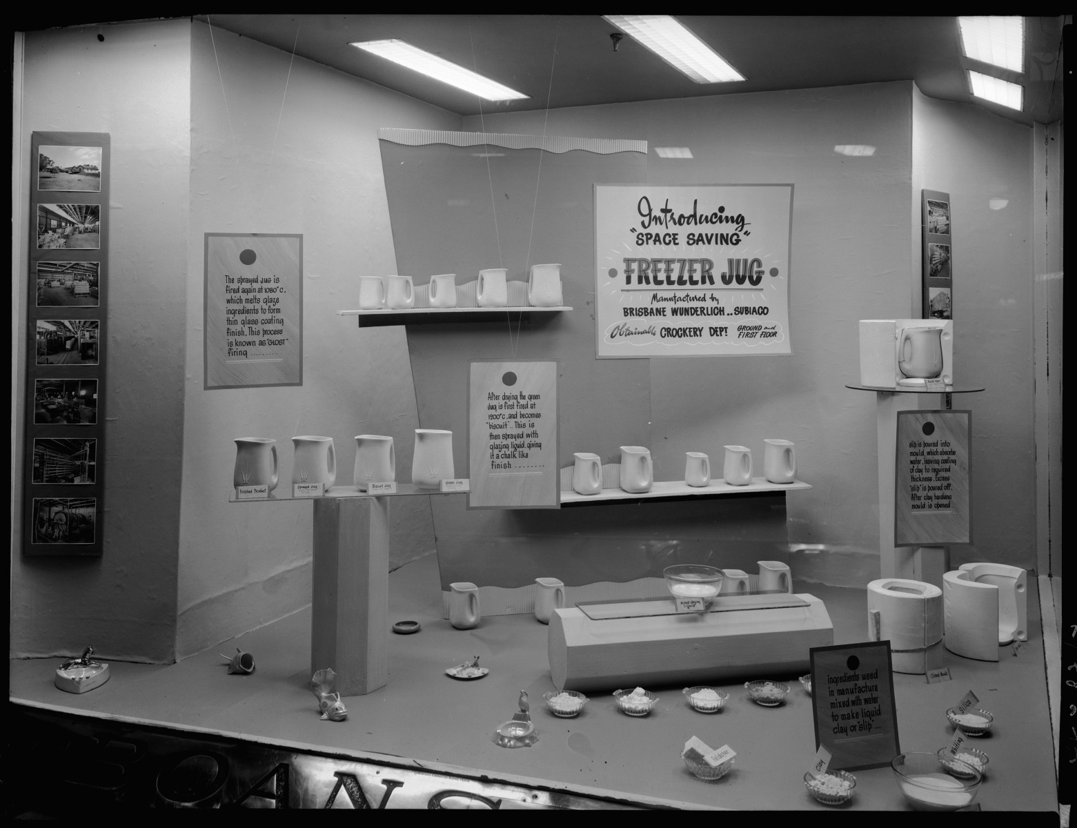 Boans window display of space saving `freezer jug' manufactured by