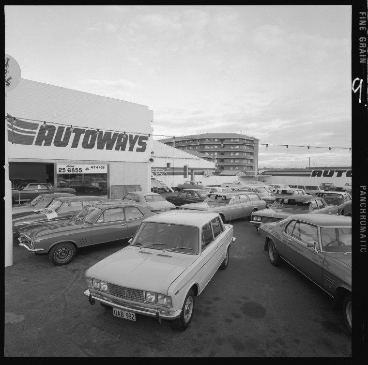 Autoways car yard, East Perth, August 1972 State Library of Western