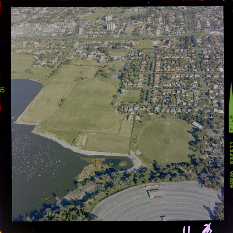 Aerial photograph south from the Lakeway Drivein and Lake Claremont