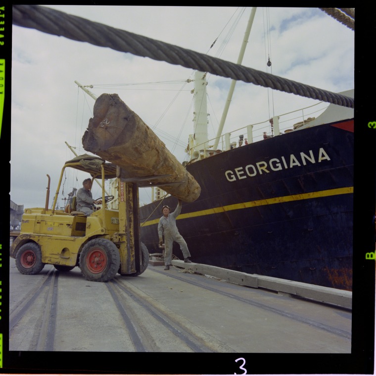 Loading logs onto the at Bunbury for export to Japan, 1