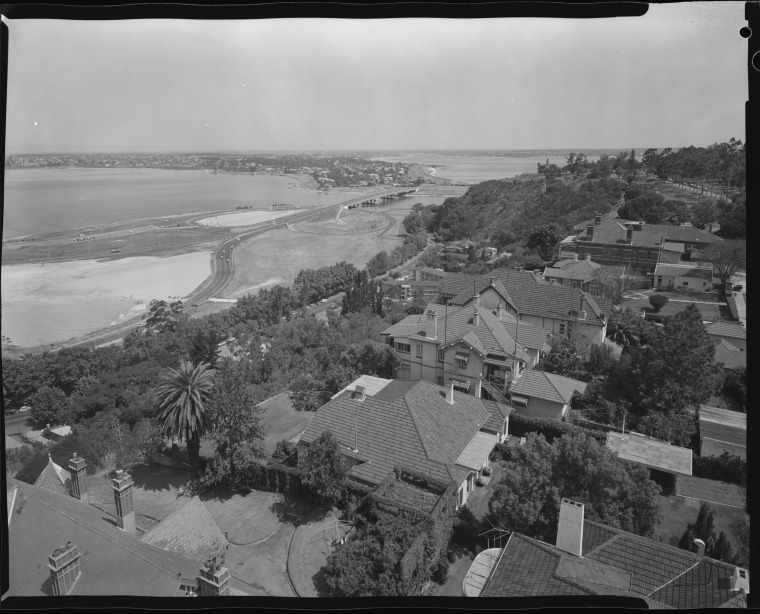 Views over reclaimed land and the Narrows Bridge from Mount Street ...