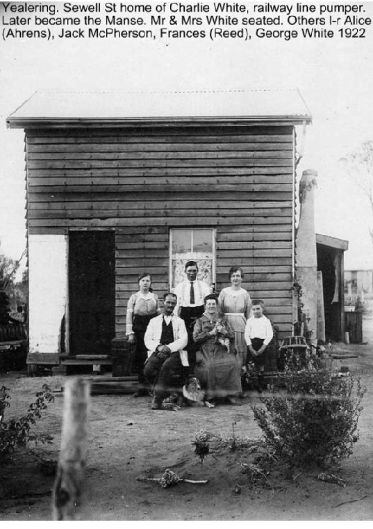 YEH11: Sewell St home of Charlie White. Mr & Mrs White seated. L-R Alice (Ahrens), Jack McPherson, Frances (Reed), George White 1922