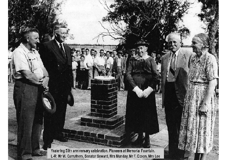 YEF8: Pioneers at Memorial fountain, L-R: W. Carruthers, Senator Seward, Mrs Munday, Mr F. Coxon, Mrs Lee