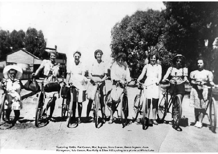 YP2: Pat Coxon, Marj Ingram, Vera Coxon, Gwen Ingram, Jean Honeyman, Isla Coxon, Rae Kelly & Ellen Hill cycling to a picnic, 1940s