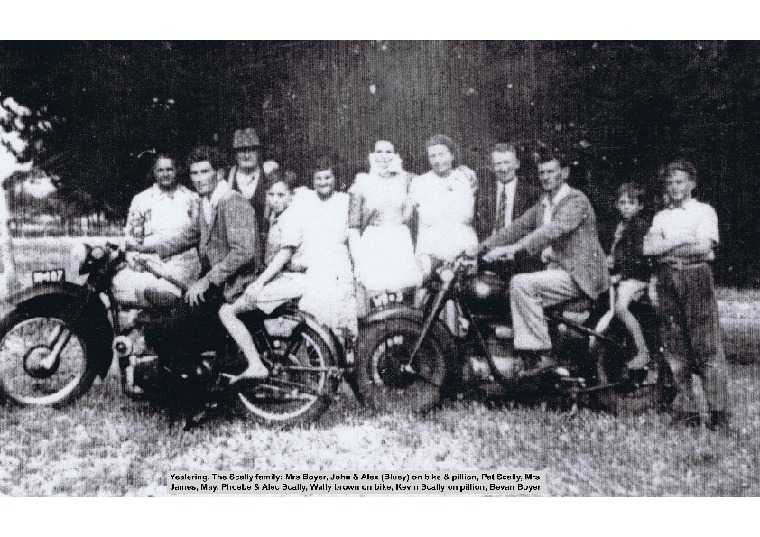 YP21: Scally family: Mrs Boyer, John & Alex (Bluey) on bike & pillion, Pat Scally, Mrs James, May, Phoebe 7 Alec Scally, Wally Brown on bike, Kevin Scally on pillion, Bevan Boyer, with Royal Enfield and Sunbum 57 motorcycles, ca. 1950.