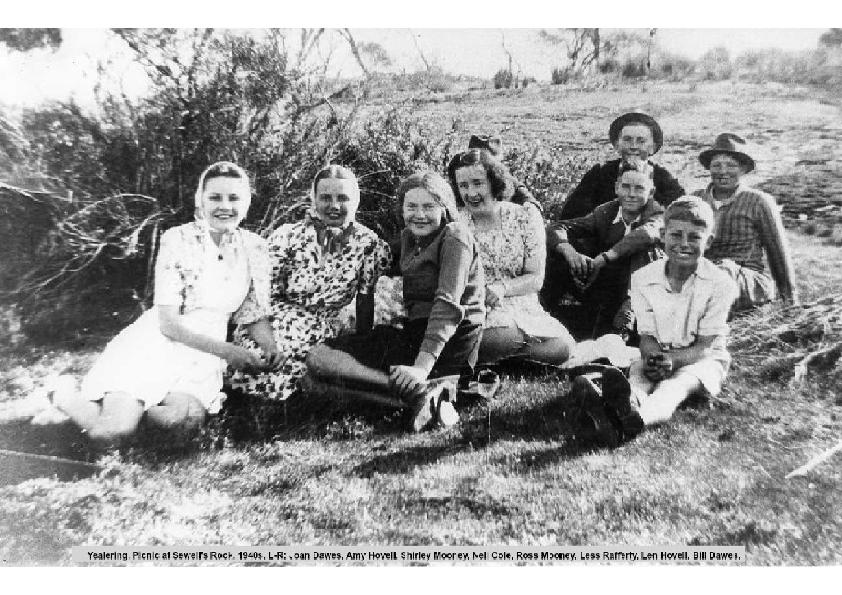 YRP1: L-R: Joan Dawes, Amy Hovell, Shirley Mooney, Nell Cole, Ross Mooney, Less Rafferty, Len Hovell, Bill Dawes, 1940s