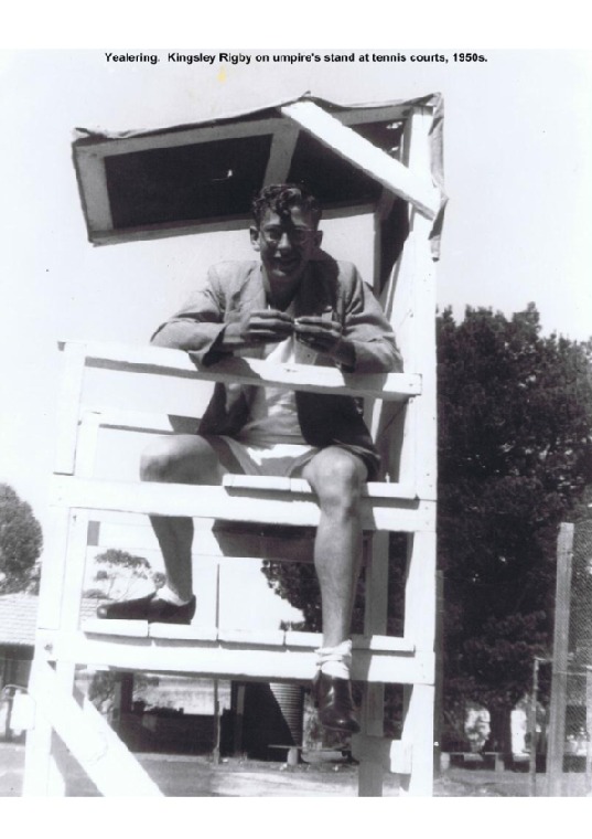 YRP28: Kingsley Rigby on umpire's stand at tennis court, 1950s