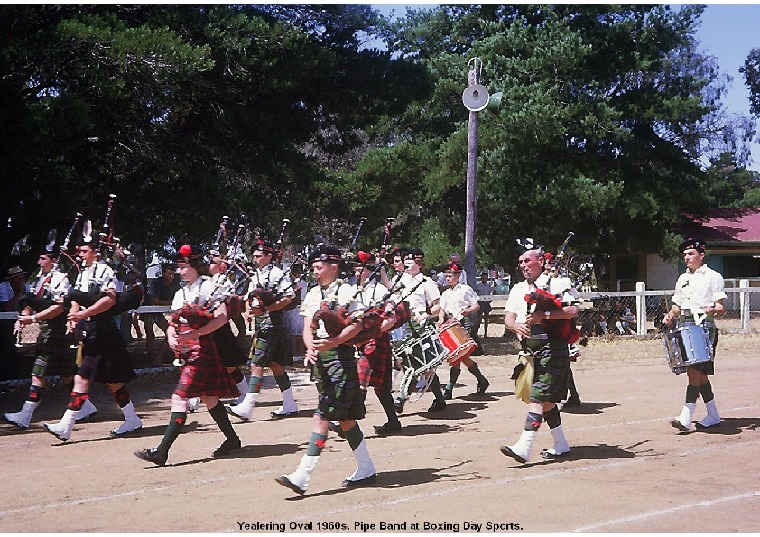 YRP62: Yealering Oval 1960s. Pipe Band at Boxing Day sports