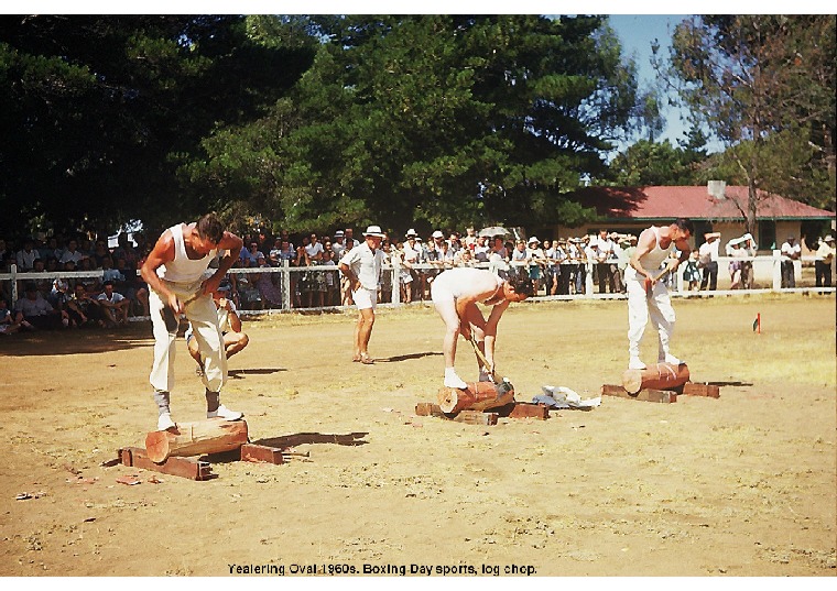 YRP66: Yealering Oval 1960s. Boxing Day sports, log chop