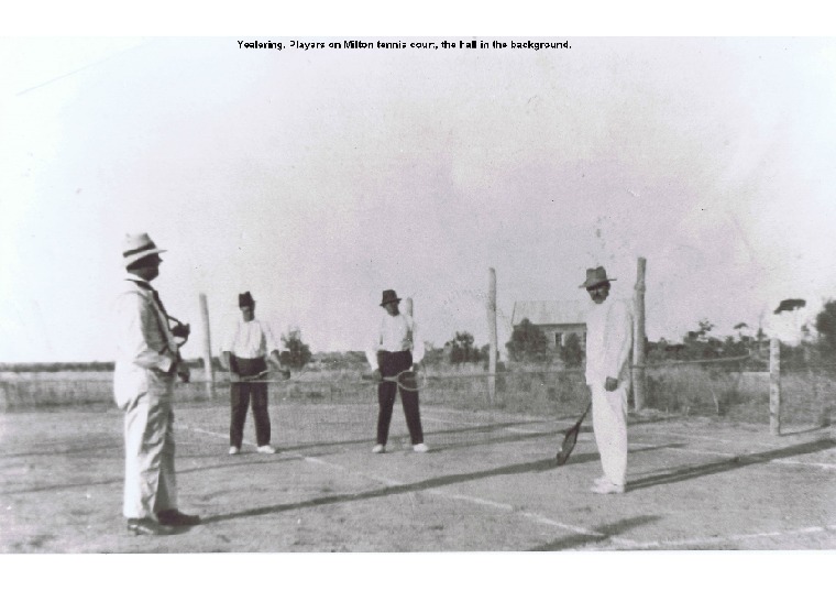 YRP59: Players on Milton tennis court, the hall in the background