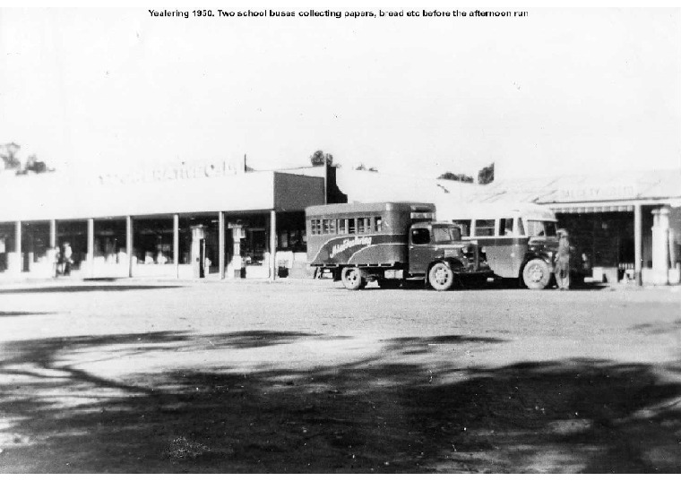 YS19: Yealering 1950. Two school buses collecting papers, bread etc before the afternoon run