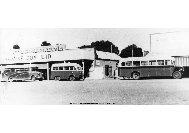 YS20: Yealering. Three school buses in the main street early 1960s